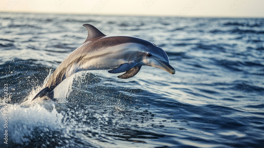 Fototapeta premium Graceful dolphin leaping over ocean waves at sunset