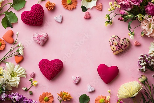 Eclectic Women's Day banner with eclectic hearts and diverse floral assortments on an eclectic pink surface.