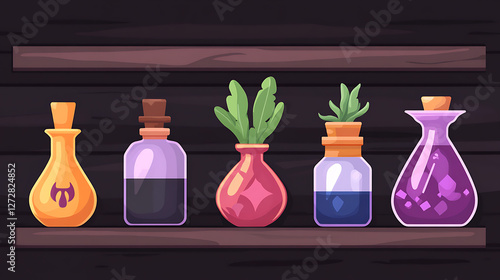 Magical Elixirs and Potions on Wooden Shelves Fantasy Still Life Composition Decorative Cartoon Style.