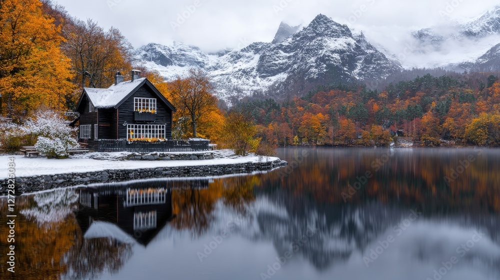 Fototapeta premium Autumn cabin by snow-covered lake in mountains