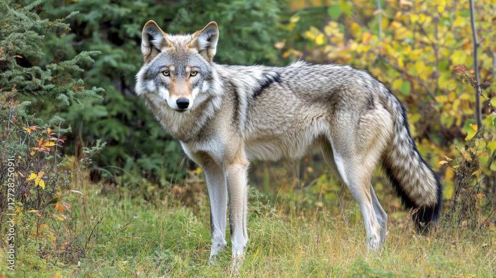 Gray wolf in autumn forest surrounded by lush foliage Gray wolf in autumn forest surrounded by lush foliage