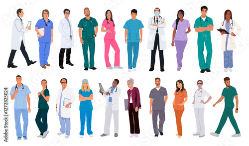 Set of smiling doctors, nurses, paramedics. Different male and female medic workers in uniform with stethoscopes. Flat cartoon vector illustration isolated on transparent background.