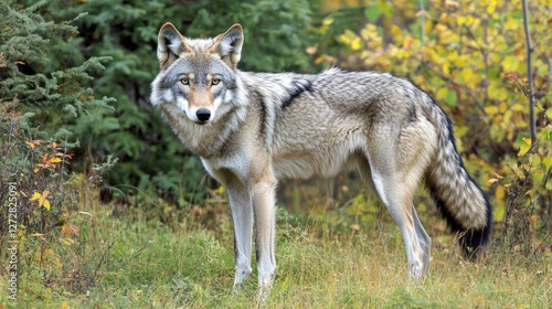 Gray wolf in autumn forest surrounded by lush foliage