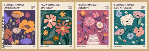 Set of abstract Flower Market posters. Trendy botanical wall arts with floral design in bright colors. Modern naive groovy funky interior decoration, painting. Fine art print. Vector art illustration.