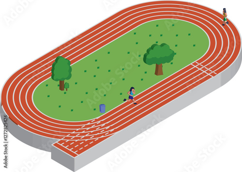 3d isometric Running track Field  with environtment and girl running. Stadium Running Field Vector. Running Concept Design.