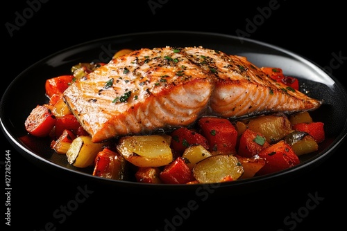 Grilled salmon, roasted vegetables, black plate, dark background, recipe photo