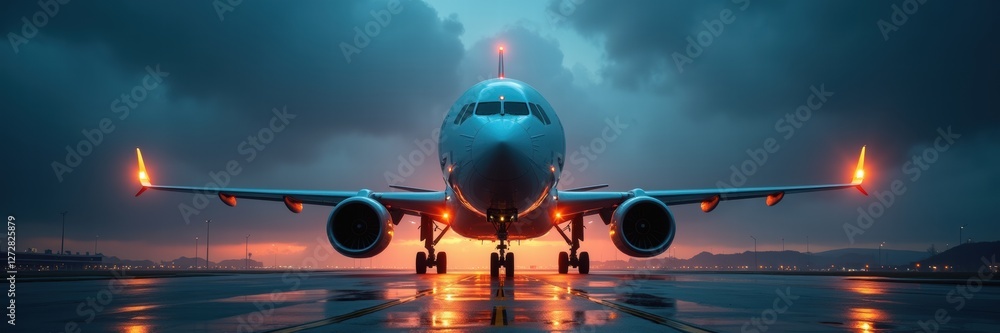 Obraz premium A dramatic shot of an airplane on the runway, illuminated by its lights against a stormy sky, perfect for aviation, travel, or technology themes.