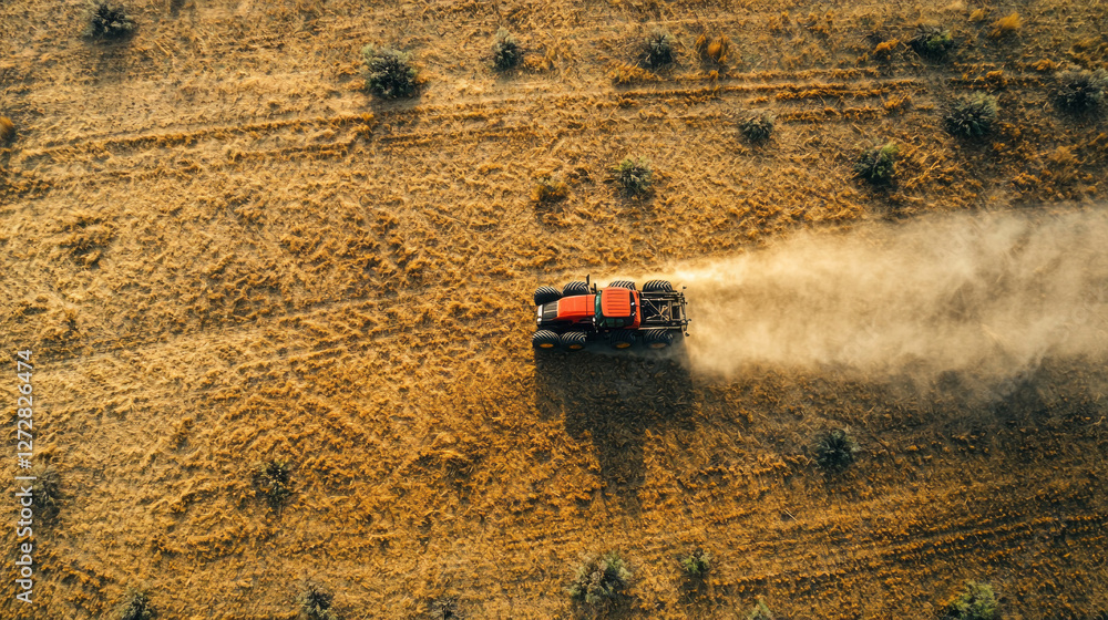 Fototapeta premium From above, farmers tend to their fields, guiding modern machinery through rich, golden terrain. Dust rises, showcasing the hard work dedicated to crop cultivation during harvest season