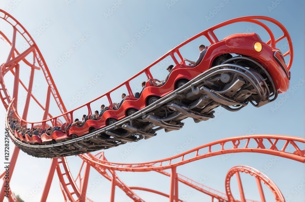 Red rollercoaster cars carrying passengers on a thrilling ride against a clear blue sky.