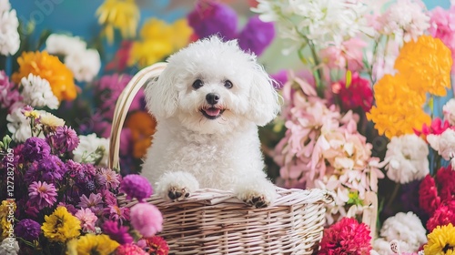 Fluffy Bichon Frise Dog Sitting in a Flower Basket with Colors photo