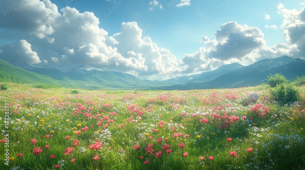 Serene Mountain Meadow in Bloom: A picturesque landscape of wildflowers and mountains under a vibrant sky. Serene Mountain Meadow in Bloom: A picturesque landscape of wildflowers and mountains under a vibrant sky.