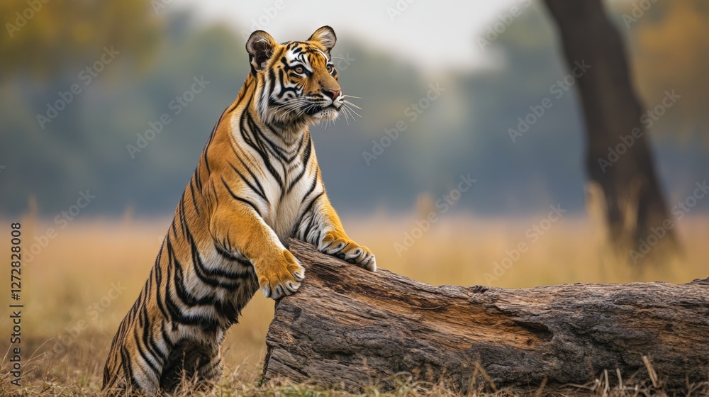 Fototapeta premium Majestic bengal tiger standing on fallen log in natural habitat