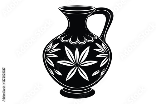 A vintage ceramic vase with flowers, isolated on a white background