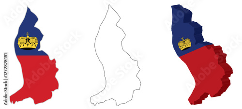 Set of Liechtenstein Maps Featuring Flag Colors, Black Outline, and 3D Design – Perfect for Various Uses"
