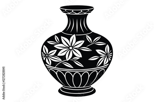A vintage ceramic vase with flowers, isolated on a white background