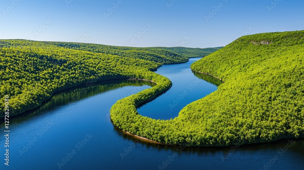 Fototapeta premium Winding river curves through verdant hills beneath a clear sky