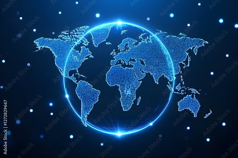 Fototapeta premium Abstract mash line and point scales on Blue dark background with map of the world. glowing blue 3D mesh polygonal network line, design sphere, dot, and structure.