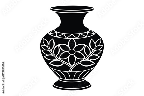 A vintage ceramic vase with flowers, isolated on a white background