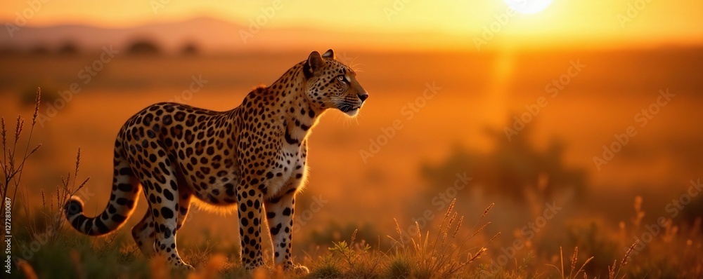 Obraz premium Leopard's golden fur glistens in fading light of sunset, glow, grasslands, sunset
