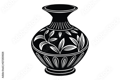 A vintage ceramic vase with flowers, isolated on a white background