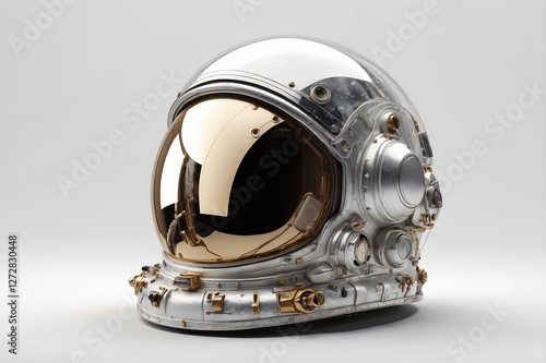 Silver astronaut helmet with gold visor, isolated on white background.