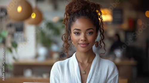 businesswoman in cafe smiling working on laptop eye contact successful small business owner