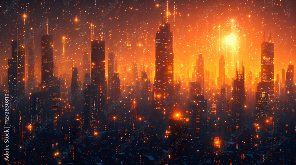 Fototapeta premium Futuristic city skyline at night, fiery sunset, digital art, aerial view, stock photo