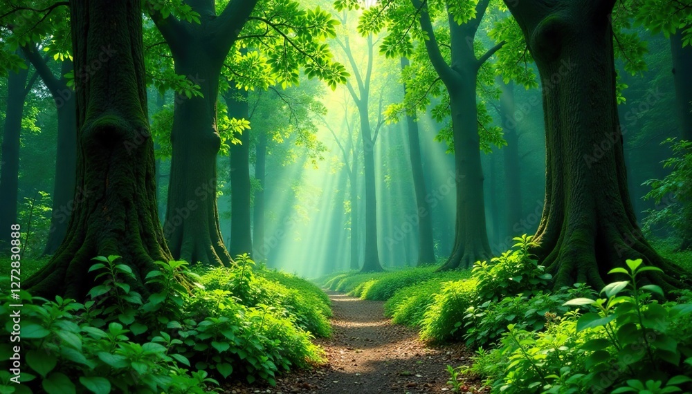 Obraz premium lush green forest with towering trees and undergrowth, vegetation, forest,
