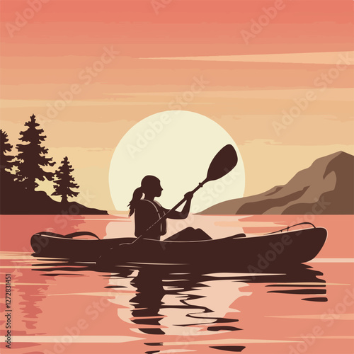 Silhouette of a Woman Kayaking at Sunset