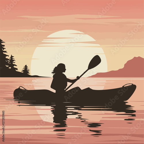 Silhouette of a Woman Kayaking at Sunset
