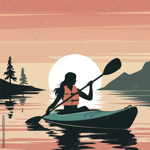 Silhouette of a Woman Kayaking at Sunset