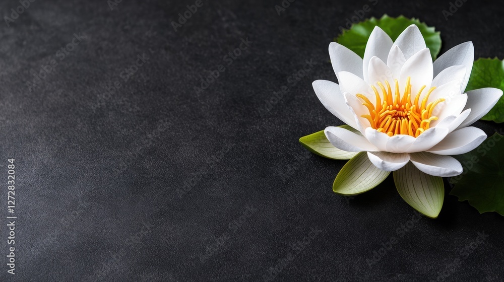 Obraz premium White flower with green leaves on a black surface with generative ai image of a beautiful lotus flower