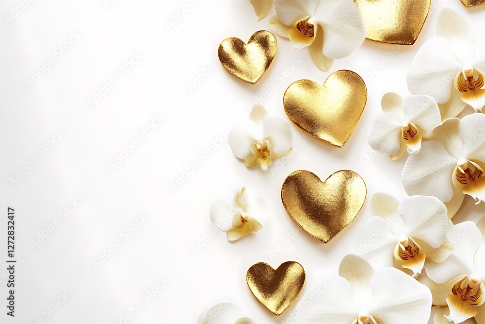 Obraz premium Elegant Women's Day poster with gold foil hearts and elegant white orchids on a sophisticated white background.