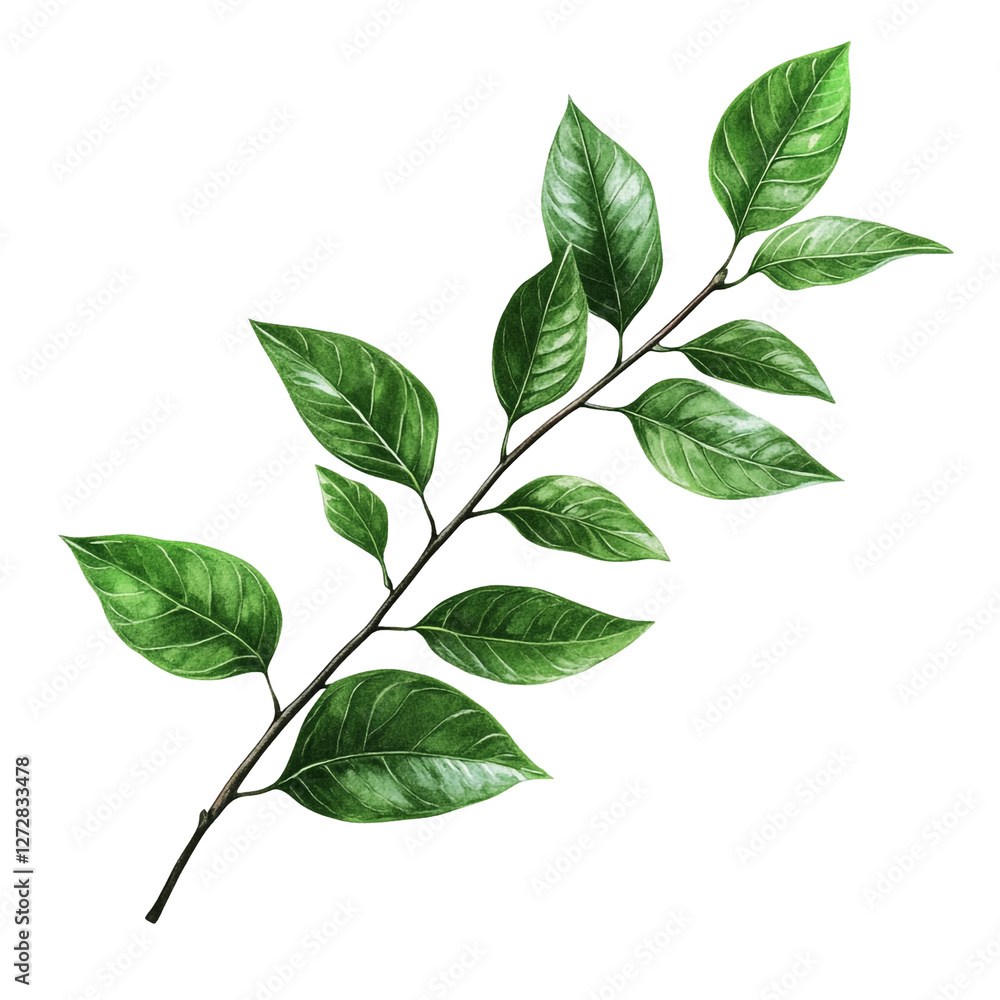 Fototapeta premium Lush Green Branch Watercolor Botanical Illustration Nature Leaves Plants