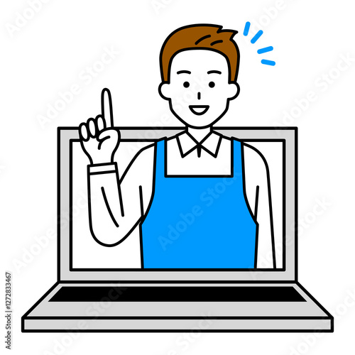 オンラインでアドバイスをするエプロン姿の男性