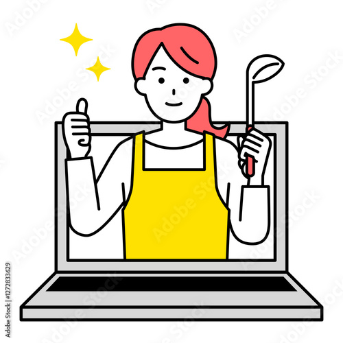 オンラインで料理を教えるエプロン姿の女性