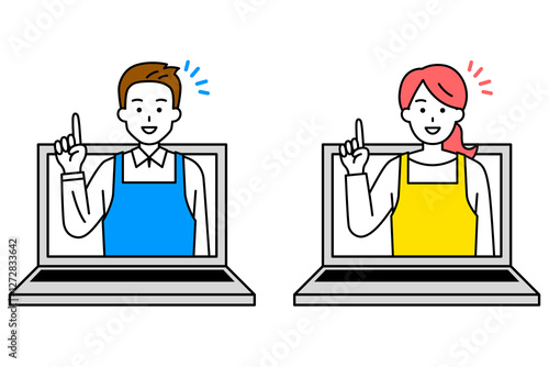 オンラインでアドバイスをするエプロン姿の男女　セット