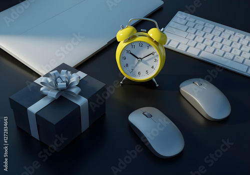 Wallpaper Mural This workspace features a top view of a yellow alarm clock and mouse beside a black gift box tied with ribbon, complemented by a keyboard, all set against a sleek black background. Generated with AI Torontodigital.ca