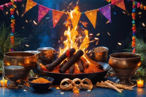 Indian Festival of Lohri Celebration with Colorful Decorations and Fire in Dark Blue Background  Festive Greeting Card Concept.