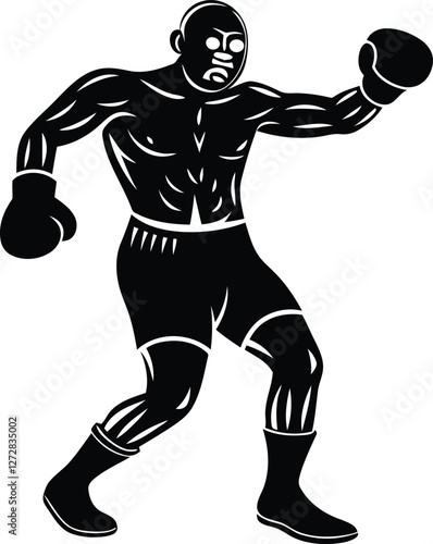 Muscular cartoon boxer in action premium quality silhouette vector art, muscular cartoon boxer in action line art vector illustration