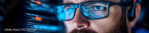 Wallpaper Mural Man with futuristic glasses analyzing digital data in close-up view. Generative AI Torontodigital.ca