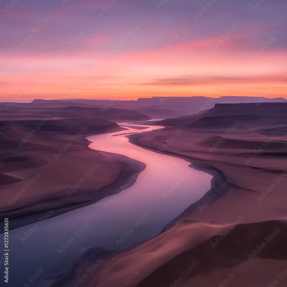 Fototapeta premium Serene River Meandering Through Desert Sands Under a Colorful Twilight Sky Landscape Art.
