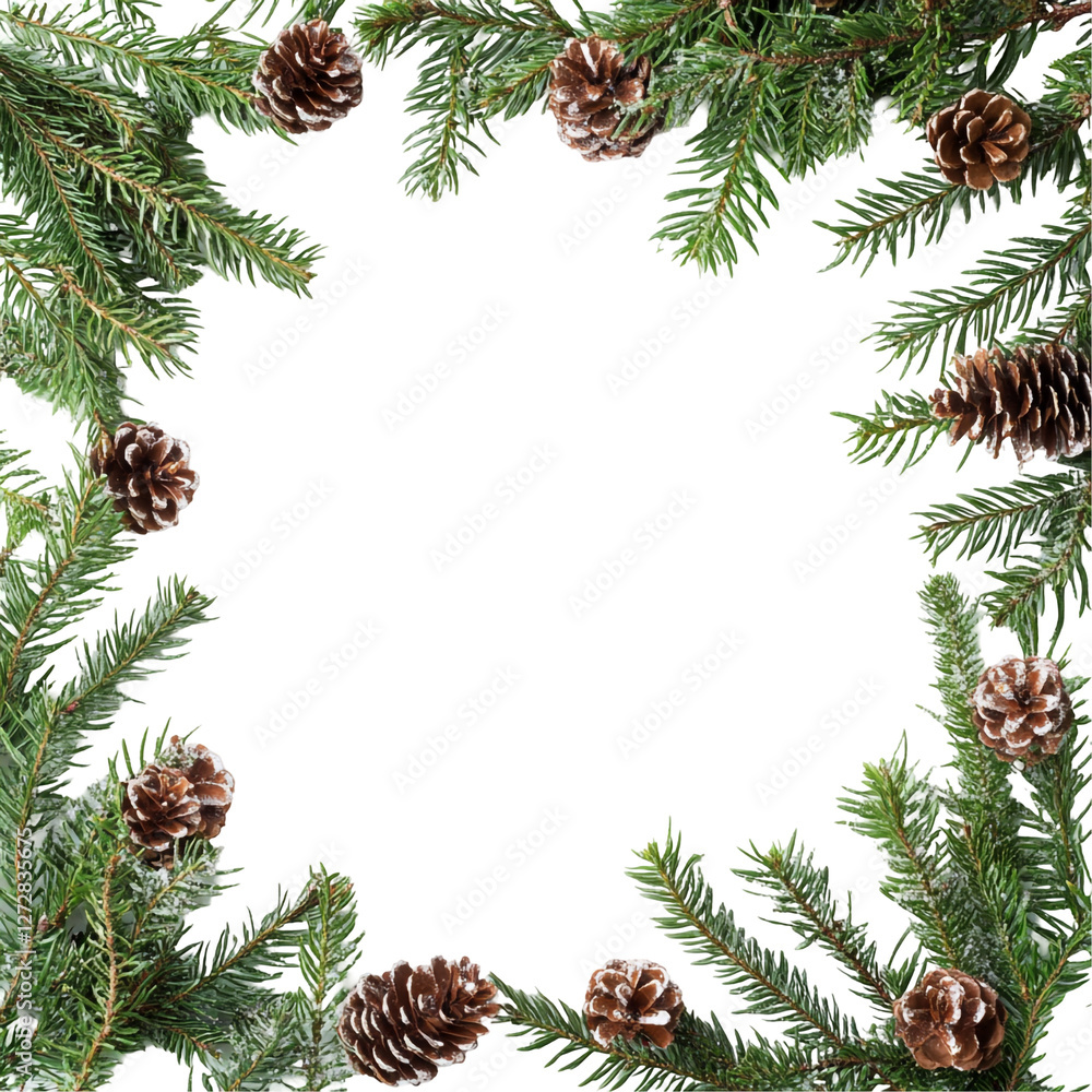 Festive winter frame pine cones and evergreen branches snowy design Festive winter frame pine cones and evergreen branches snowy design