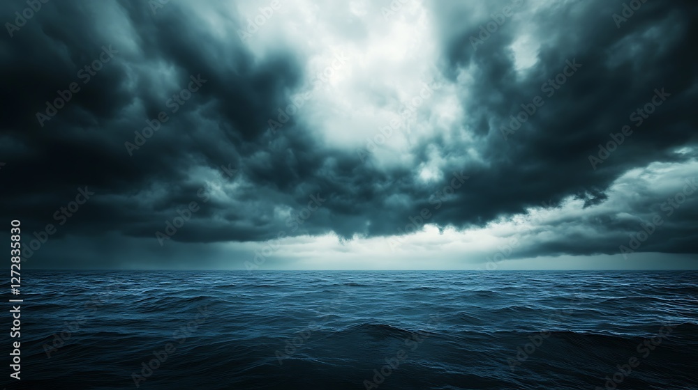 Fototapeta premium Dramatic Storm Clouds Over Dark Blue Ocean Water Landscape