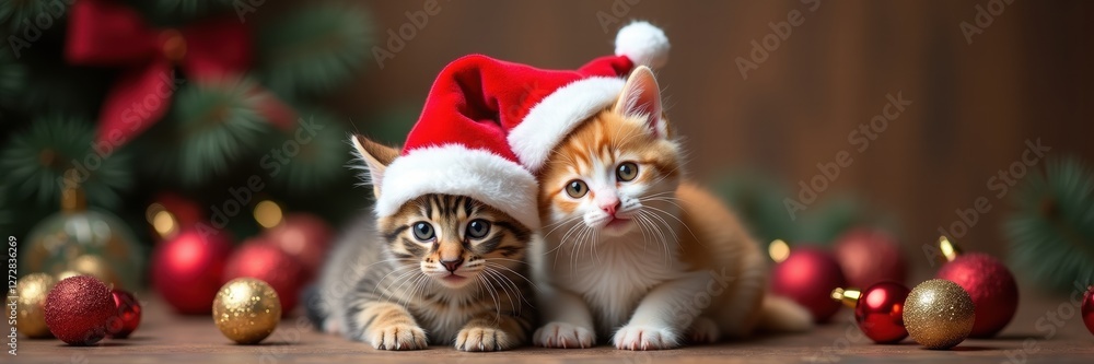 Two adorable kittens dressed in Santa hats surrounded by festive decorations, perfect for holiday promotions and pet-related content. Two adorable kittens dressed in Santa hats surrounded by festive decorations, perfect for holiday promotions and pet-related content.