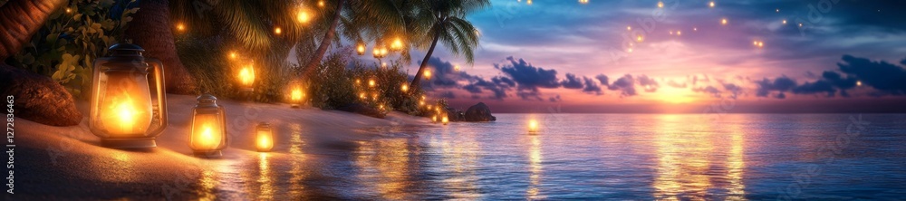 Fototapeta premium Stunning Beach Sunset with Lanterns and Fireflies on the Shore. Generative AI