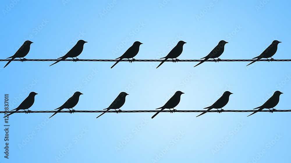Silhouetted Birds Resting on Wires Under a Bright Blue Sky Tranquil Minimalist Composition. Silhouetted Birds Resting on Wires Under a Bright Blue Sky Tranquil Minimalist Composition.