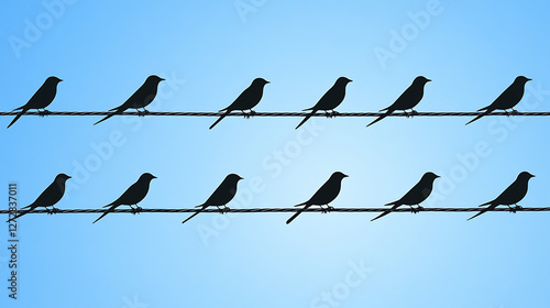 Silhouetted Birds Resting on Wires Under a Bright Blue Sky Tranquil Minimalist Composition.