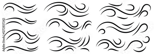 Hand drawn doodle wind motion, air blow, swirl elements. Wind icon set. Doodle wind line sketch elements. vector illustration. 