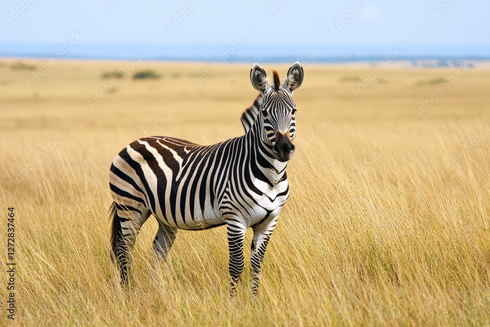 Naklejka premium Majestic zebra standing in african savannah landscape with golden grass